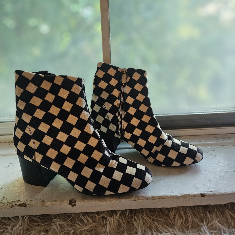 Checkered Block Heel Ankle Boots
